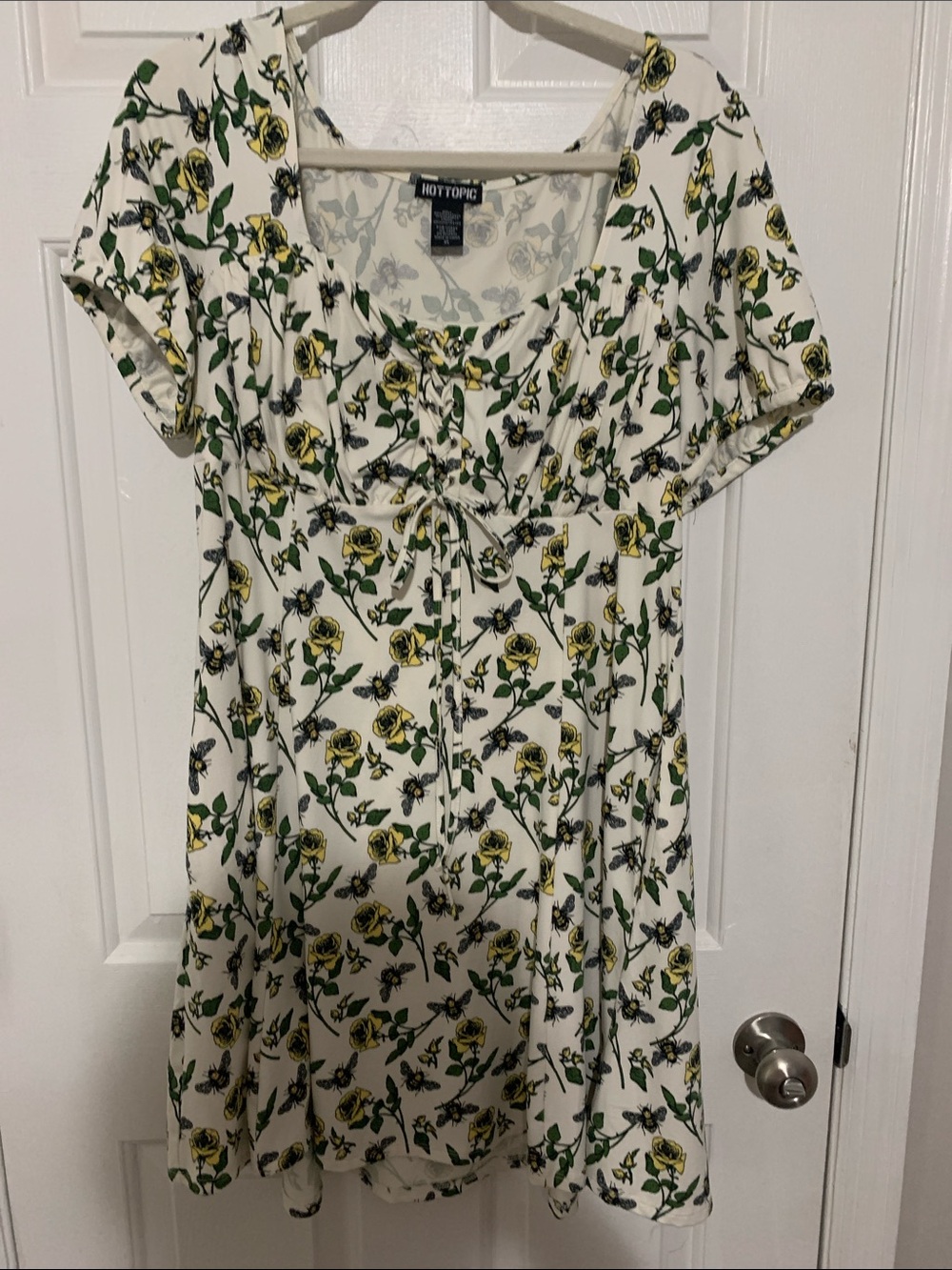 Hot Topic Yellow Rose and bee Print Tie-Front Mini Dress on White